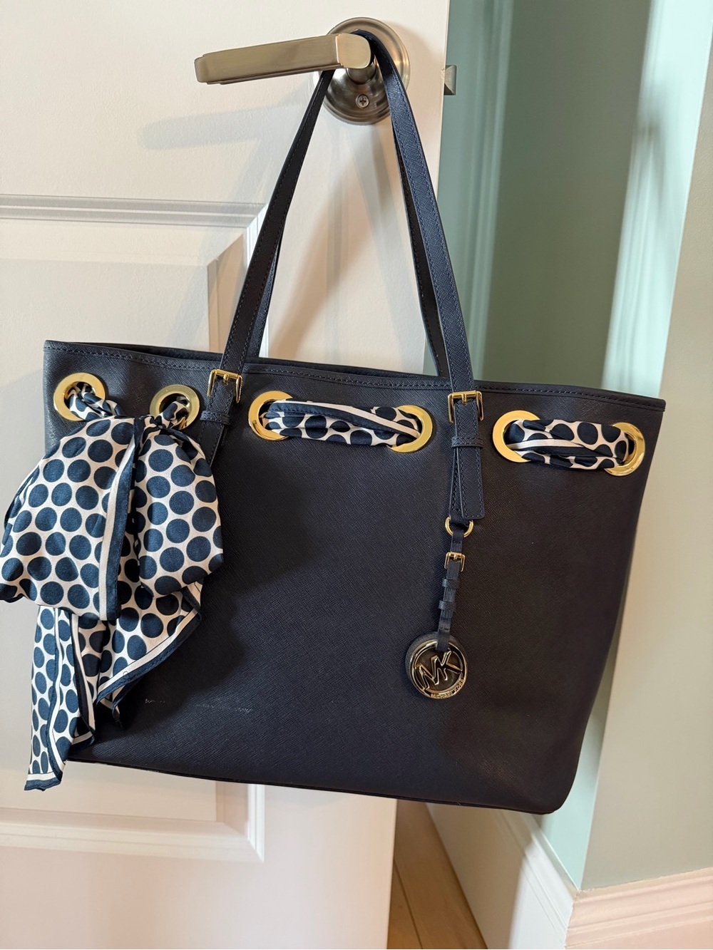 Michael Kors Navy Leather Shoulder Tote with Polka Dot Scarf
